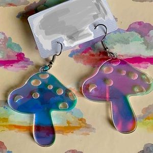 NWT Boutique Groovy Earrings Holographic Mushroom Iridescent Blue Transparent